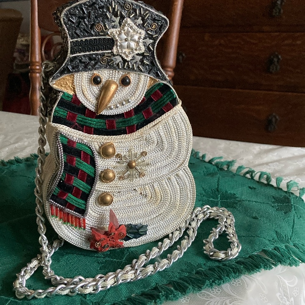 RARE Vtg MARY FRANCES Snowman shoulder bag, retractable strap. $175